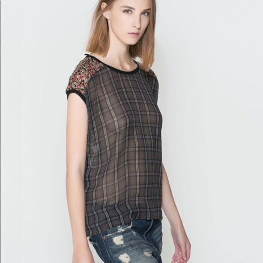 Zara sheer plaid lace back top